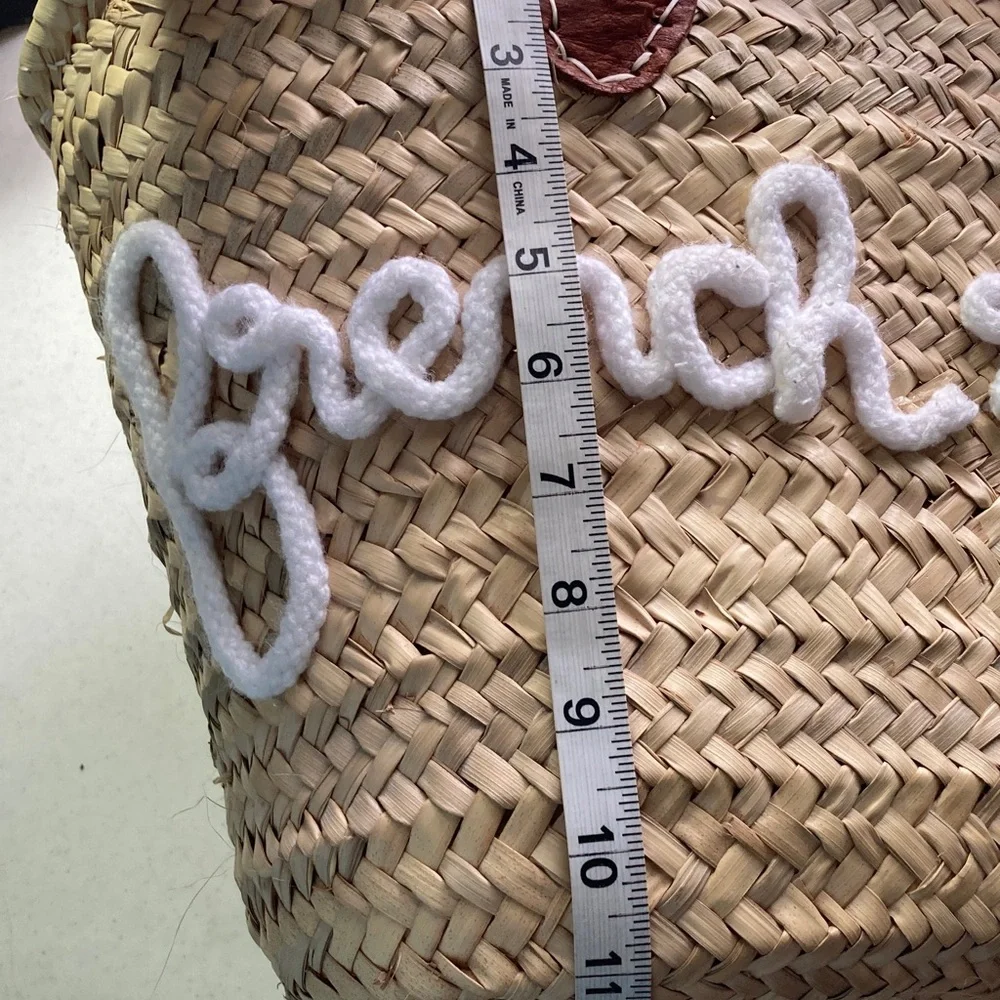 “French Riviera” script: Tan Woven Tote Bag - Picture 12 of 13